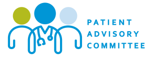 Patient Advisory Committee logo with three stylized figures, one holding a stethoscope, with olive green, blue, and light blue circle heads.