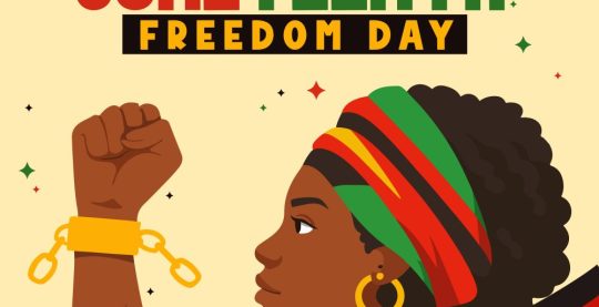 Juneteenth Freedom Day. An illustration of a Black woman holding up her fist with a broken chain on her wrist.
