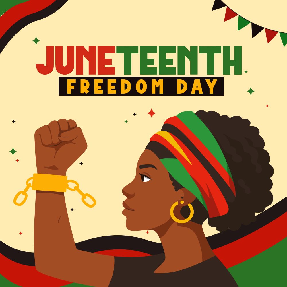 Juneteenth Freedom Day. An illustration of a Black woman holding up her fist with a broken chain on her wrist.