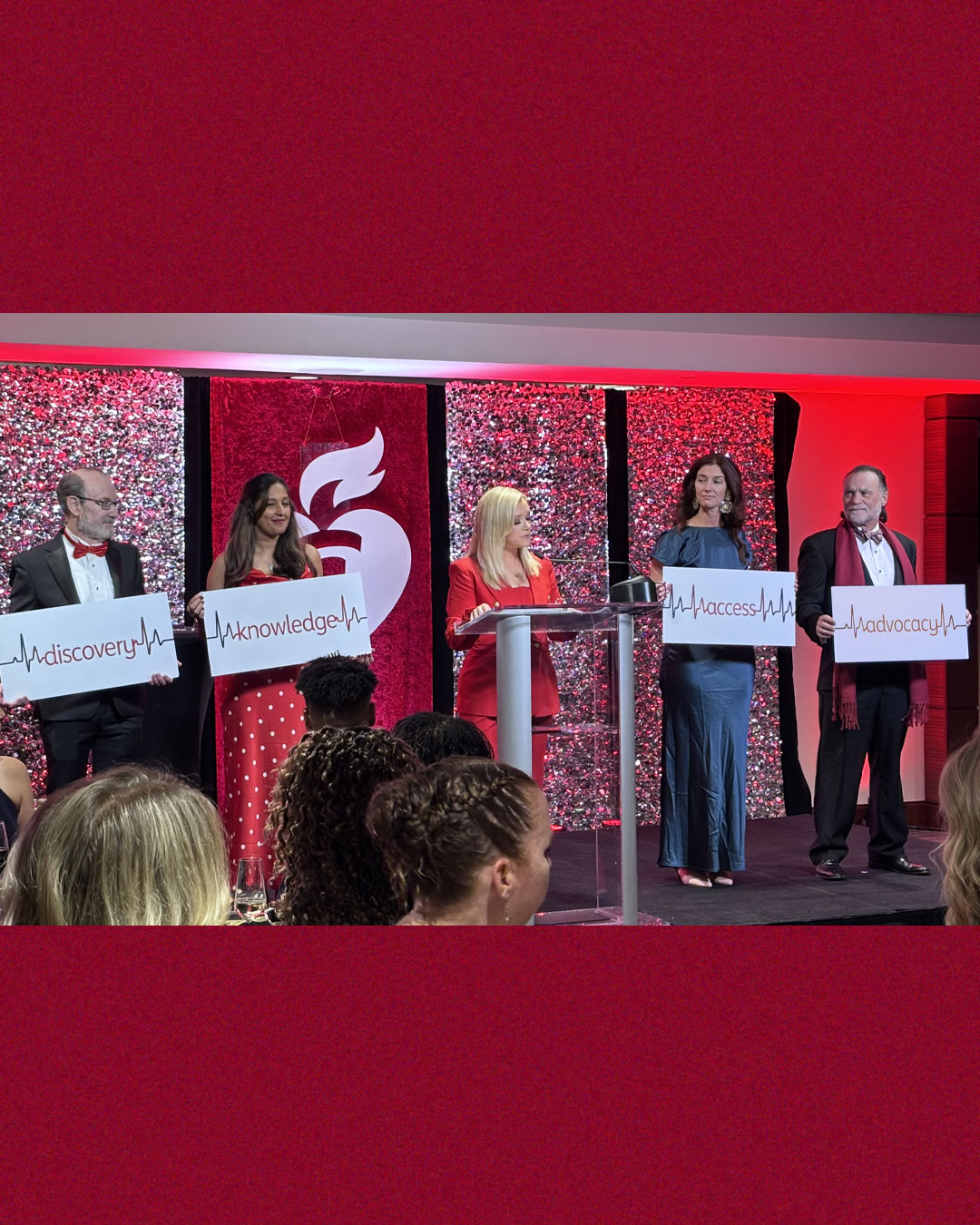 A blonde woman is in the middle of the image at a podium in front of different red backgrounds. There are two people on the left of her holding signs that say "discovery" and "knowledge", and two people on the right holding signs that say "access" and "advocacy".